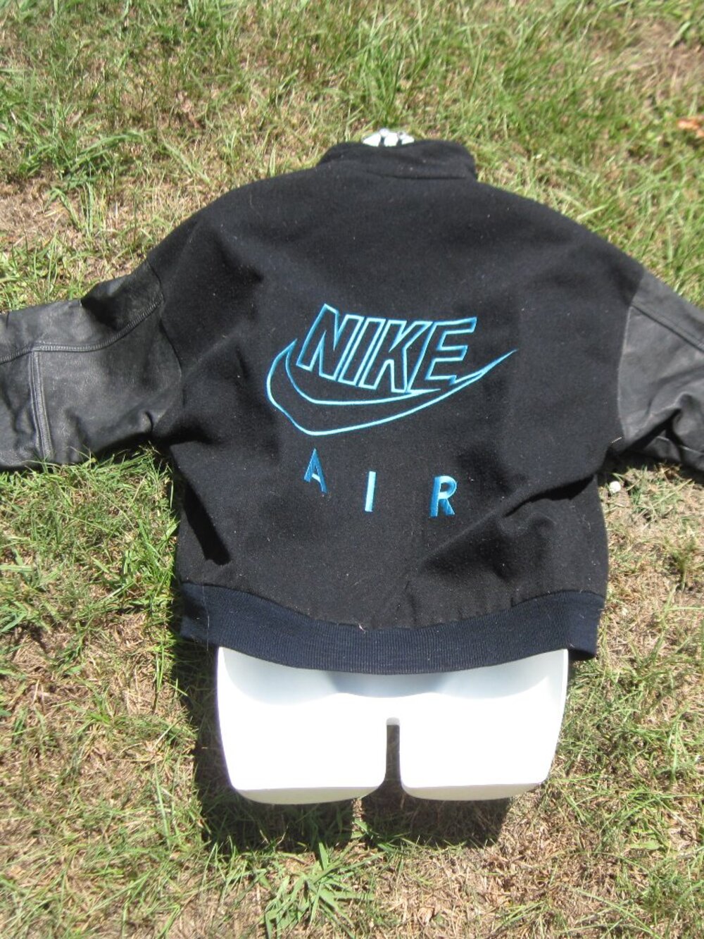 Nike Air Black Leather Arms Bomber Jacket Aqua Blue Lettering Varsity Vintage